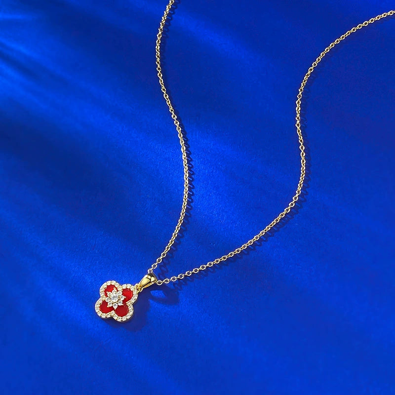 Ricady Jewel S925 Silver Clover Red Agate Necklace - Adjustable, Office Style