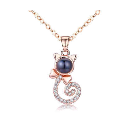 S925 Silver Cat Projection Necklace - 100 Languages "I Love You" Cartoon Pendant