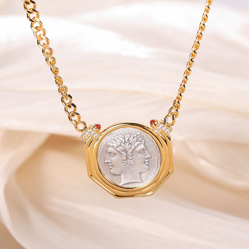 Janus Two-Faced Ancient Coin Pendant Necklace in 925 Sterling Silver