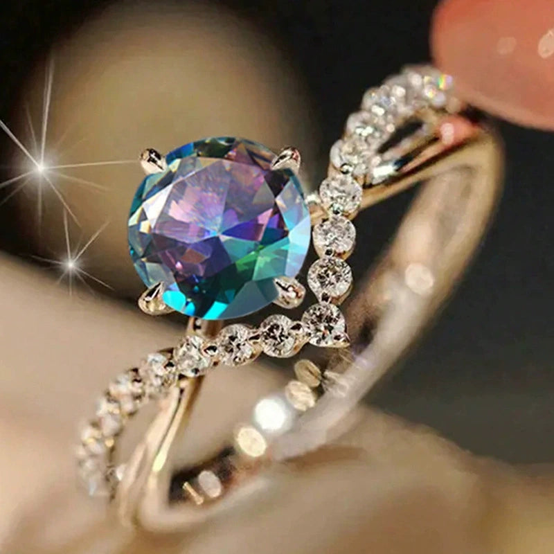 Ricady Jewel Couples Wedding Ring Set - 4-Prong V-Shaped Multi-Color Zircon