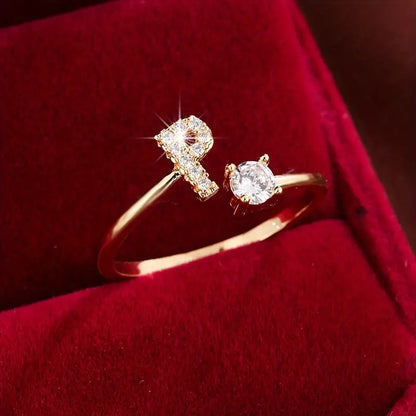 26 Letter Micro-Pave Zircon Ring for Women - 14K Gold Plated Copper Open Plain Band