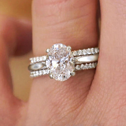 Ricady Jewel 3-Piece Stackable Oval Zircon Ring Set - 4-Prong Wedding Design