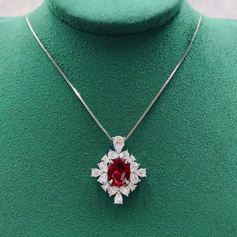 925 Sterling Silver Pigeon Blood Ruby Necklace - 8x10mm Oval Halo, Vintage Style