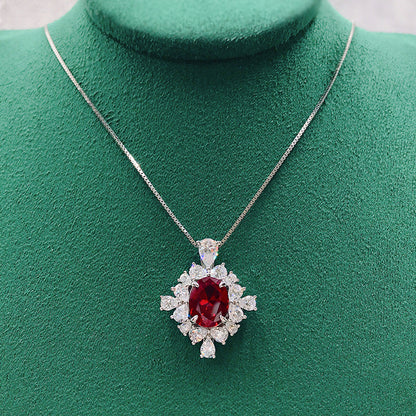 925 Sterling Silver Pigeon Blood Ruby Necklace - 8x10mm Oval Halo, Vintage Style