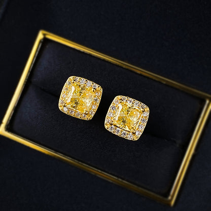 S925 Silver Yellow Diamond Stud Earrings, Radiant Princess Cut, Dainty & Versatile for Daily Wear