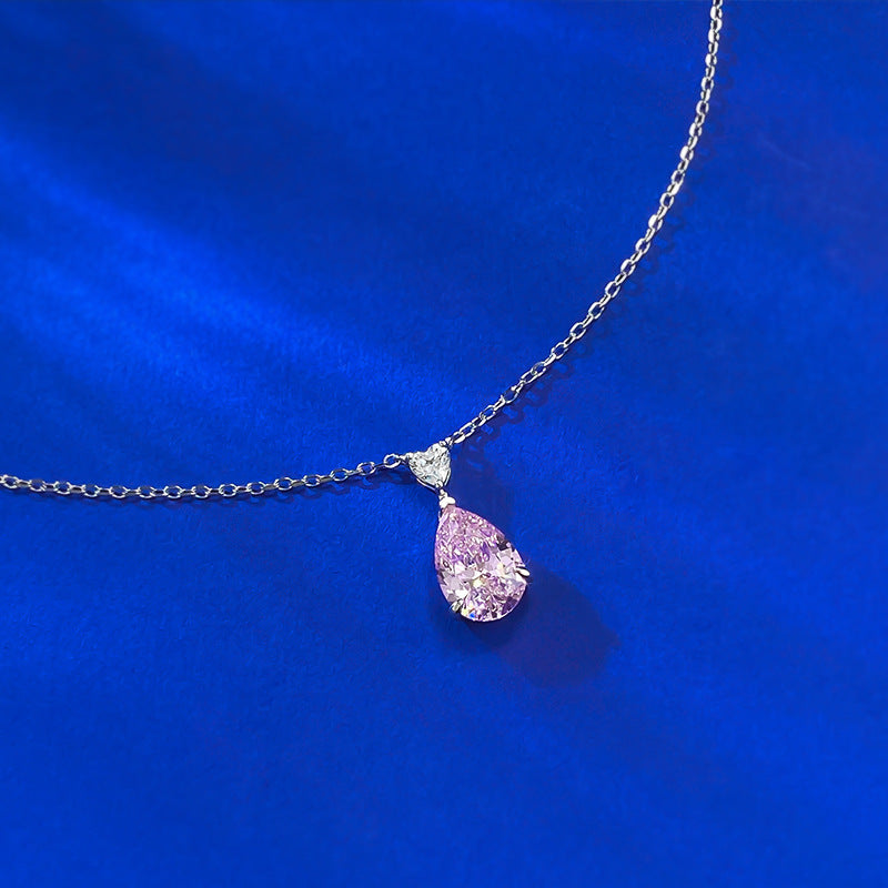 S925 Silver Pink Diamond Pear-Shaped Heart Necklace | Elegant Minimalist