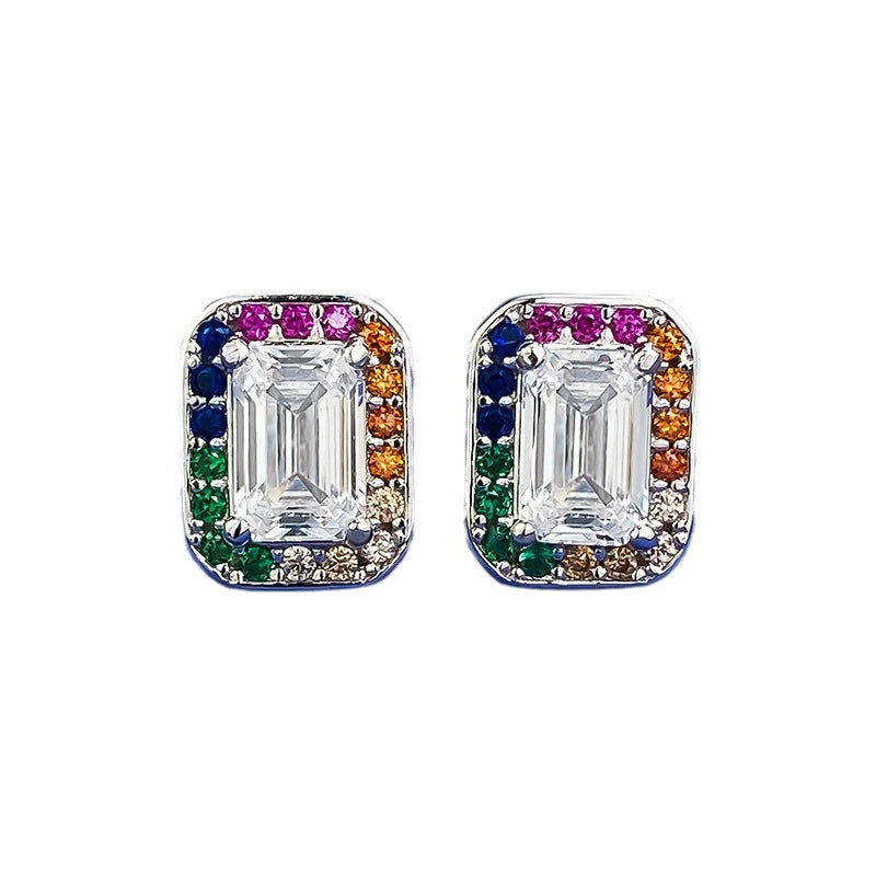 925 Sterling Silver Rainbow Square Stud Earrings with 4*6 White Zircon - Trendy & Elegant