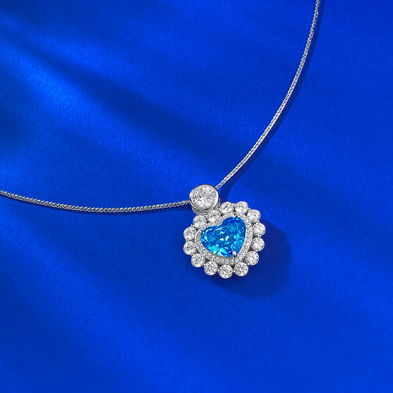 S925 Silver Quiet Heart Created Aquamarine Love Pendant Necklace