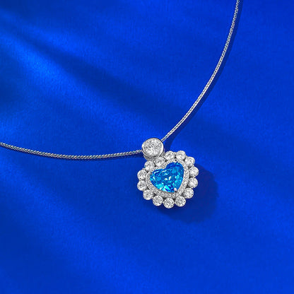 S925 Silver Quiet Heart Created Aquamarine Love Pendant Necklace
