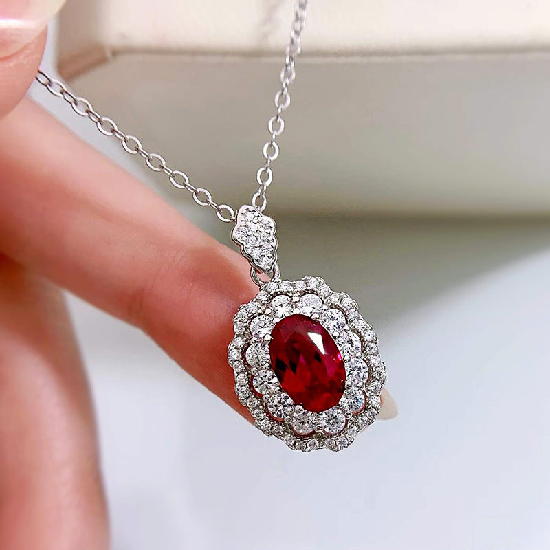 S925 Silver Simulated Ruby Necklace | 7x9mm Oval | Ins Style