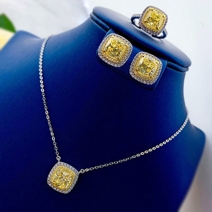 8x8 Cushion Yellow Cubic Zirconia Necklace - Gold Plated, Luxury Micro Set Pendant
