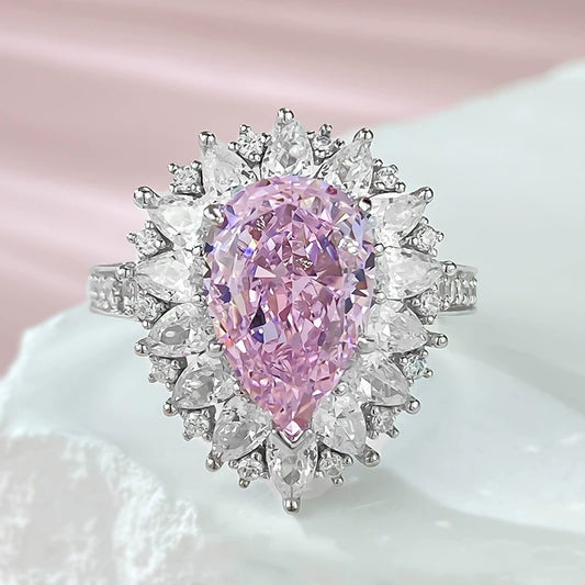 925 Silver Ring | 8*12 Pink High Carbon Diamond Teardrop Luxury European Style