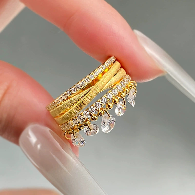 S925 Silver Gold-Plated Ring | Diamond Tassel Brushed Triple Band Glamorous Style