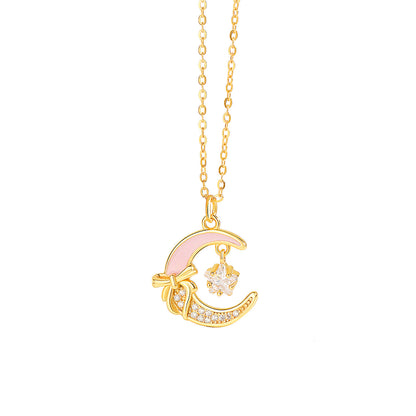 S925 Sterling Silver Star Moon Necklace for Women, Pink Enamel Bowknot, Dainty Minimalist Design