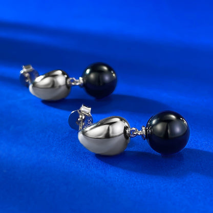 S925 Silver Earrings with 10mm Black Agate & Pearl, Gold-Plated, Minimalist Fashion