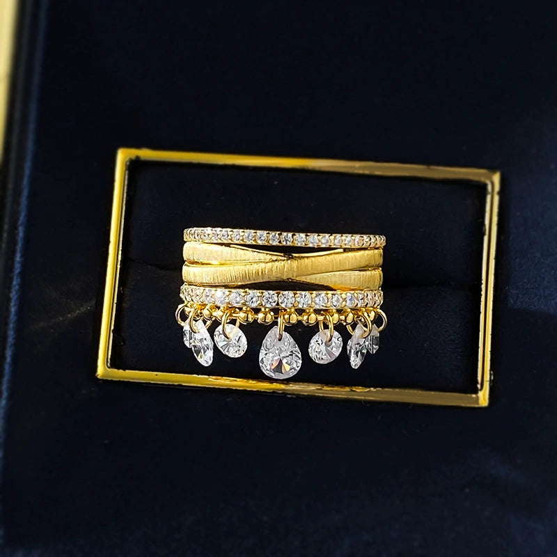 S925 Silver Gold-Plated Ring | Diamond Tassel Brushed Triple Band Glamorous Style