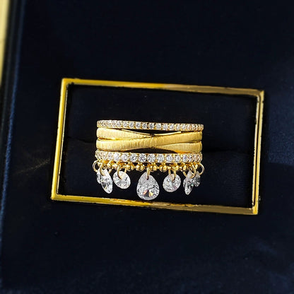 S925 Silver Gold-Plated Ring | Diamond Tassel Brushed Triple Band Glamorous Style