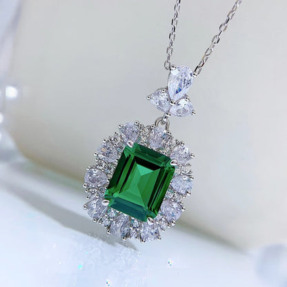 925 Sterling Silver Necklace for Women, Retro Style, 4CT Nano Green Stone Pendant (9*11mm)