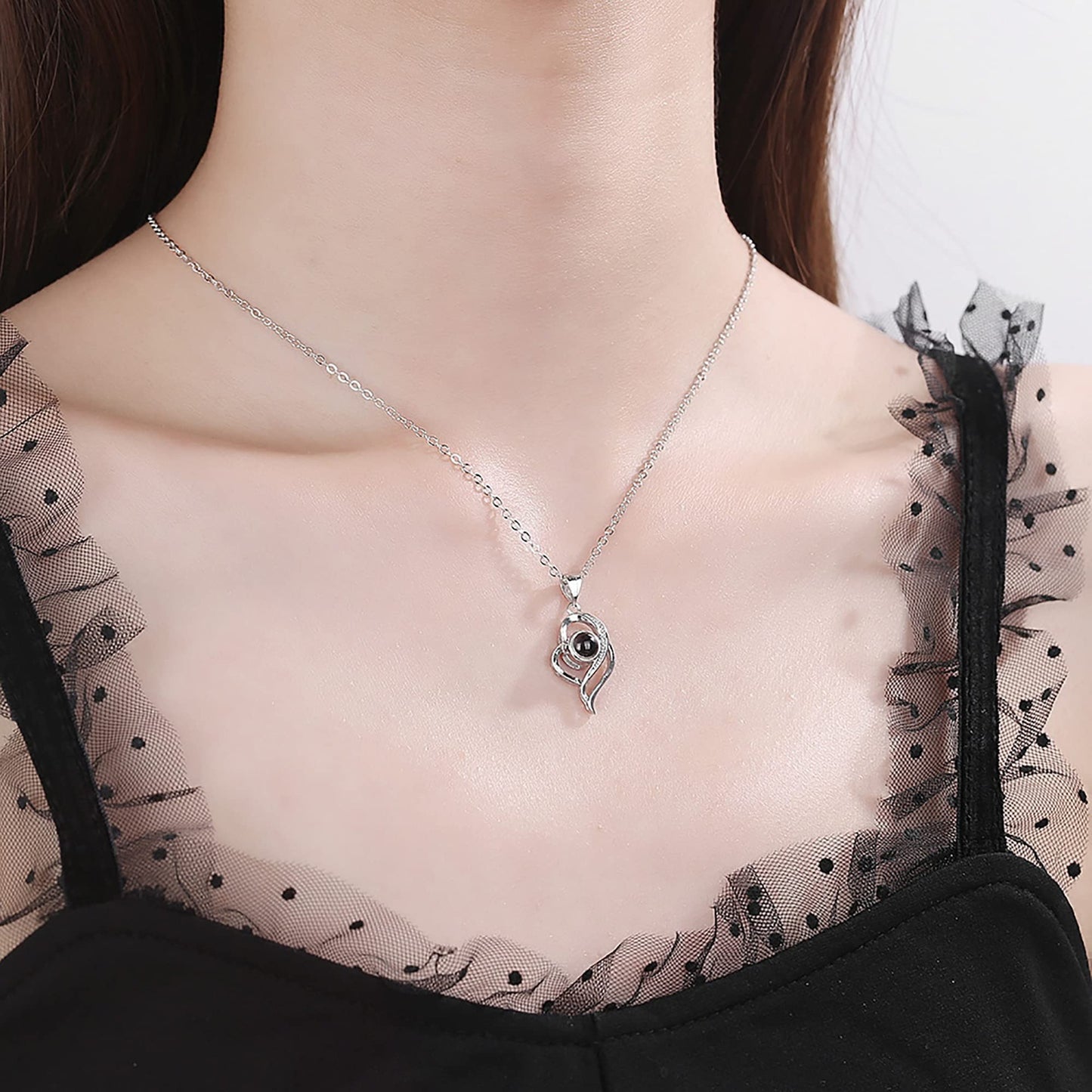 Sterling Silver 925 Heart Projection Necklace for Women, 100 Languages "I Love You" Pendant Collar Chain
