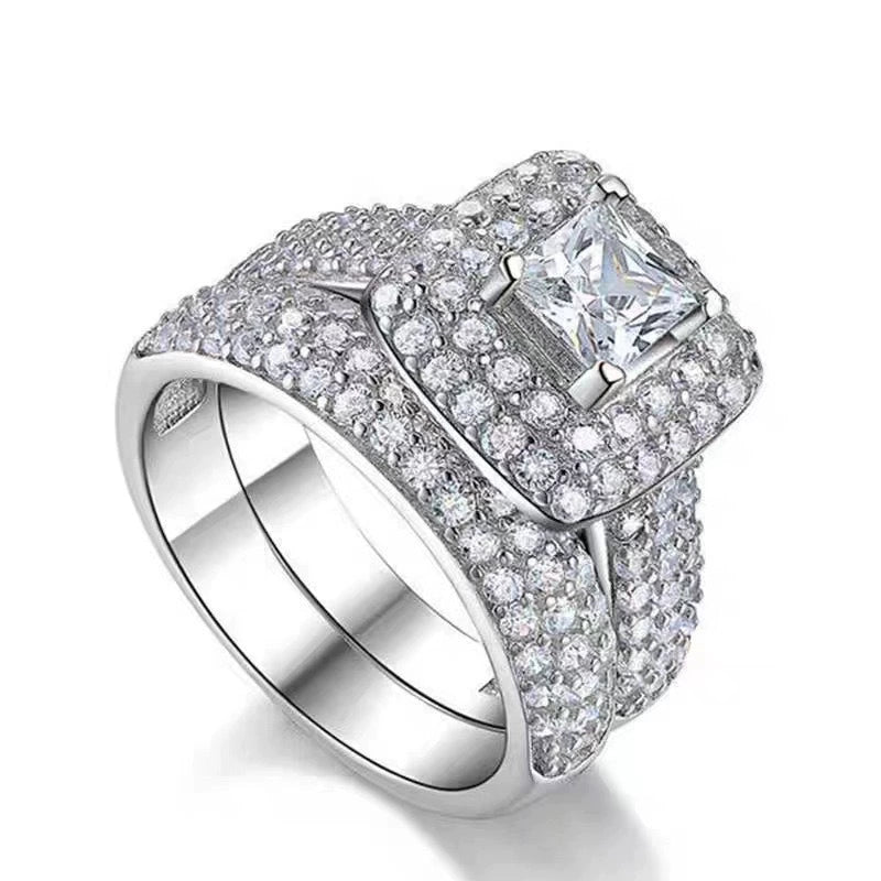 Ricady Jewel – Minimalist Square Cut Cubic Zirconia Engagement Ring Set for Women & Men, Fully Paved with Sparkling Stones