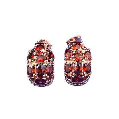 S925 Silver Garnet Red Stud Earrings, 3-Row Full CZ, Retro Statement Design