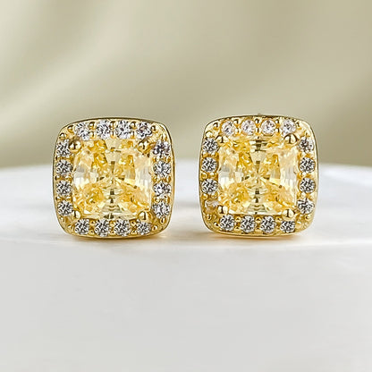 S925 Silver Yellow Diamond Stud Earrings, Radiant Princess Cut, Dainty & Versatile for Daily Wear