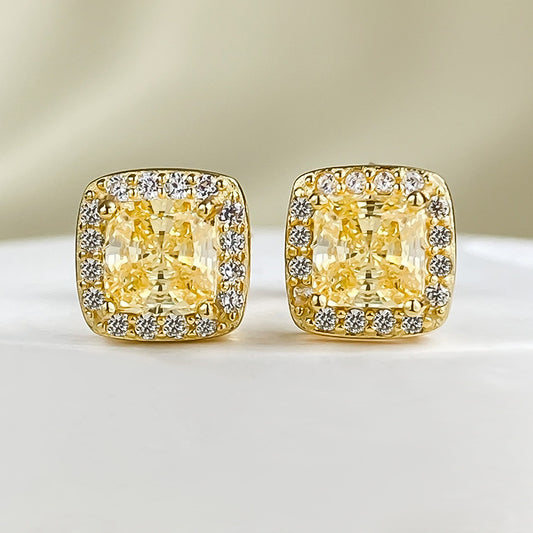 S925 Silver Yellow Diamond Stud Earrings, Radiant Princess Cut, Dainty & Versatile for Daily Wear