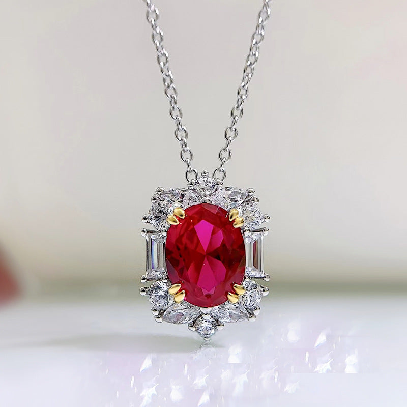 2ct Pigeon Blood Simulated Ruby Necklace by Ricady - 925 Silver, Euro INS Style