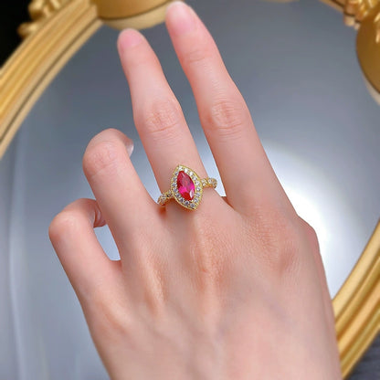 925 Sterling Silver Gold Plated Vintage Pigeon Blood Corundum Ring (5x10mm Marquise)
