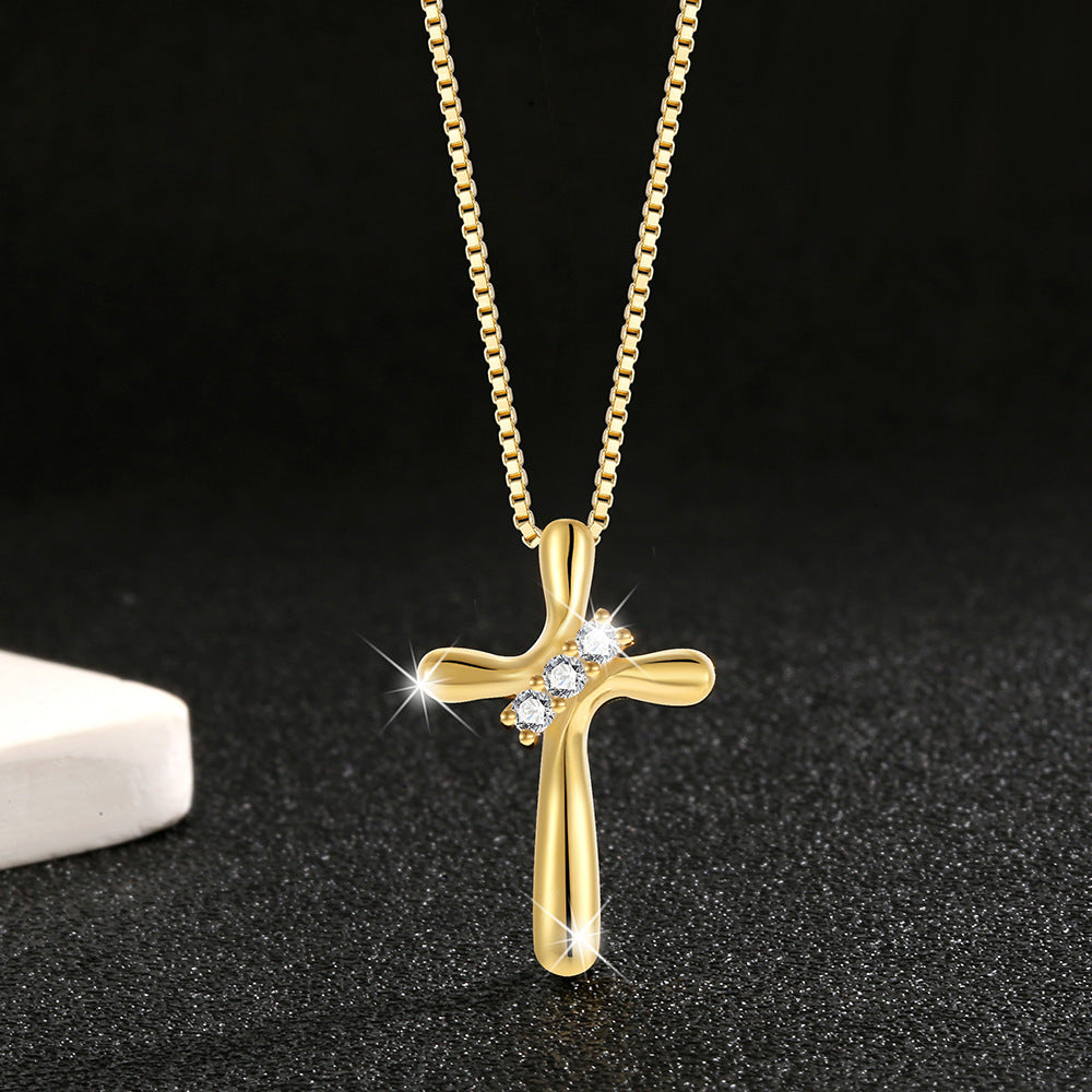 925 Sterling Silver Diamond Cross Necklace - European Fashion Style