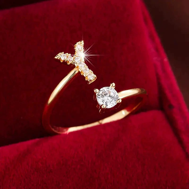26 Letter Micro-Pave Zircon Ring for Women - 14K Gold Plated Copper Open Plain Band