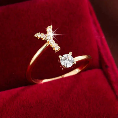 26 Letter Micro-Pave Zircon Ring for Women - 14K Gold Plated Copper Open Plain Band