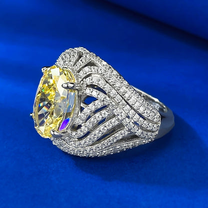 925 Silver 8x12mm Vibrant Yellow CZ Ring - Egg Shape, Ice Flower Cut, Niche Style