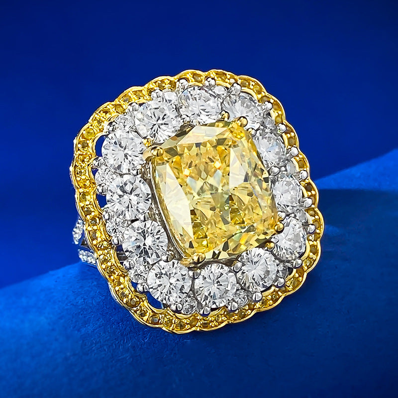 10x12mm Yellow Moissanite Ring, Ice Flower Cut 925 Sterling Silver for Women