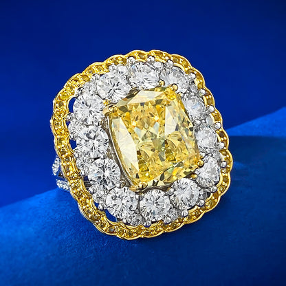 10x12mm Yellow Moissanite Ring, Ice Flower Cut 925 Sterling Silver for Women