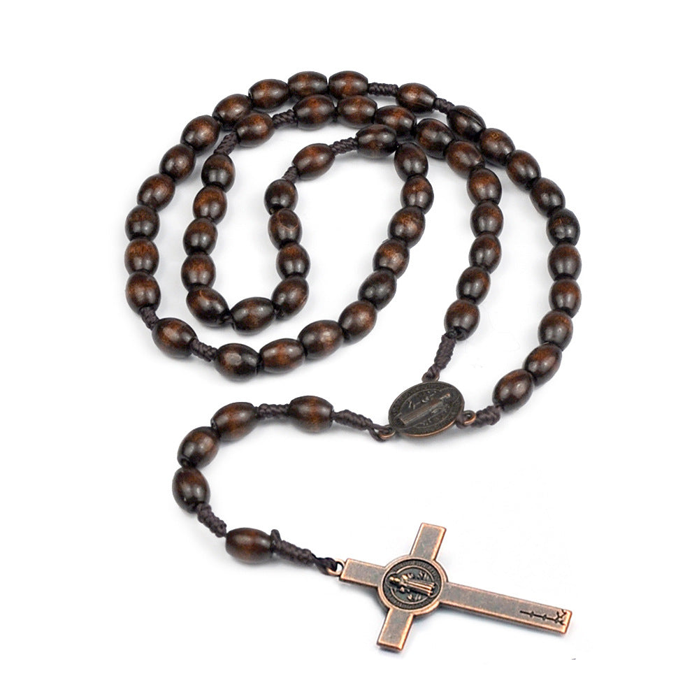Handwoven Wood Cross Bead Necklace - Natural Artisan Design