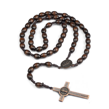 Handwoven Wood Cross Bead Necklace - Natural Artisan Design