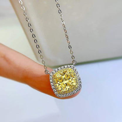 8x8 Cushion Yellow Cubic Zirconia Necklace - Gold Plated, Luxury Micro Set Pendant