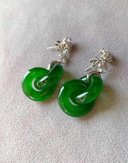 Vintage S925 Sterling Silver Natural Hetian Jade Bangle-Linked Stud Earrings | Peace Buckle Double Ring Jewelry