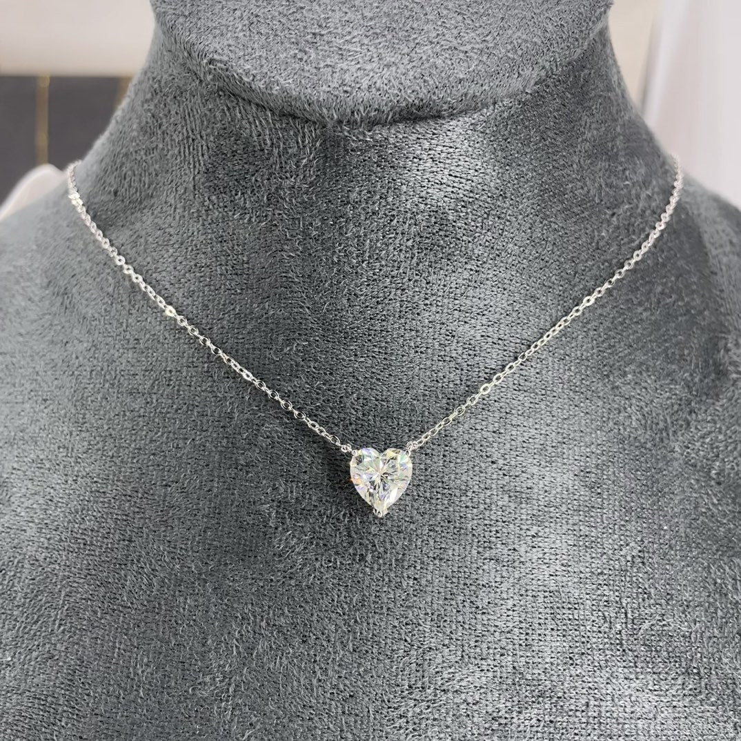 Ricady Jewel S925 Silver Plated 18K Gold 3-Prong Heart-Shaped 8mm Moissanite Necklace - Diamond Tester Passed Women's Clavicle Chain