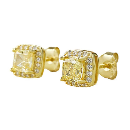 S925 Silver Yellow Diamond Stud Earrings, Radiant Princess Cut, Dainty & Versatile for Daily Wear