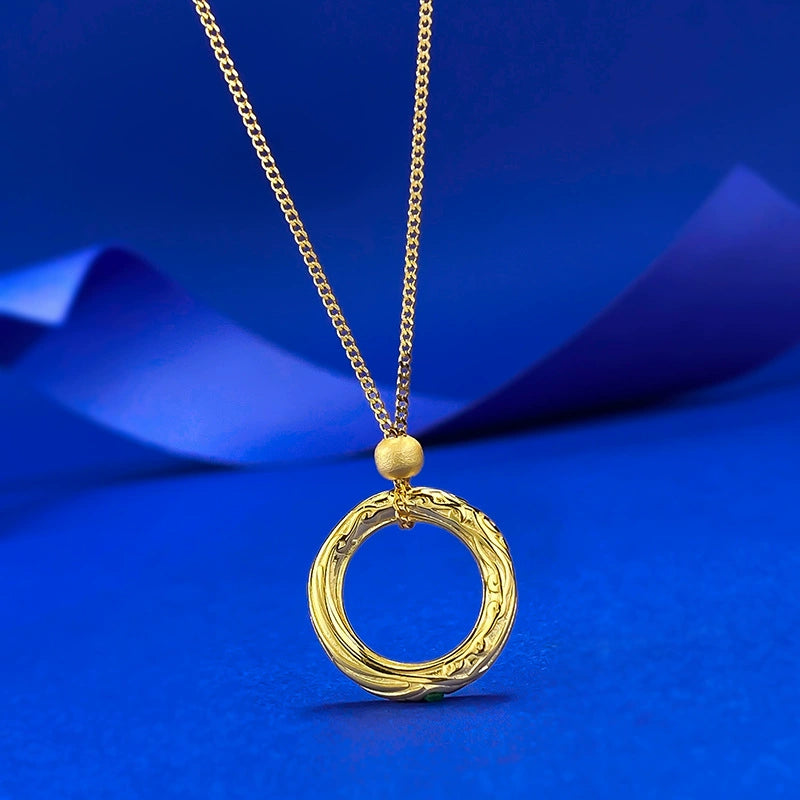 Ricady Jewel S925 Silver Vintage Qiankun Circle Pendant | Green Diamond Gold-Plated Necklace