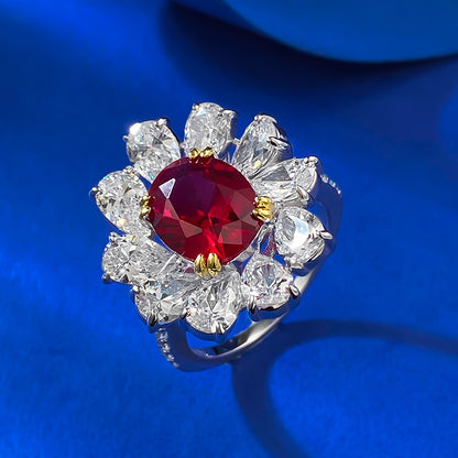 Vintage S925 Silver Ring | 8*10mm Egg-Shaped Ruby, Luxury Halo Setting