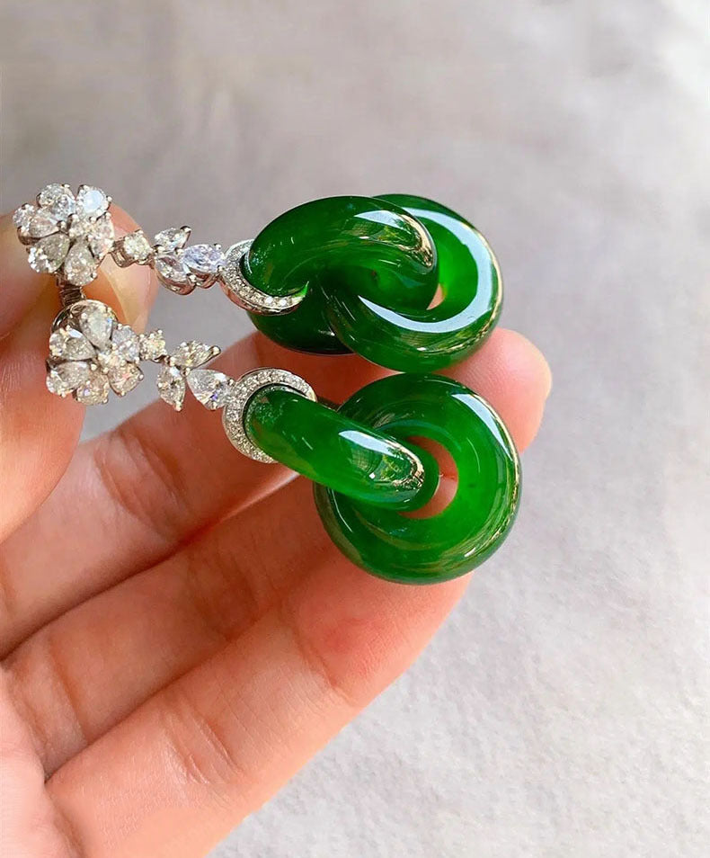 Vintage S925 Sterling Silver Natural Hetian Jade Bangle-Linked Stud Earrings | Peace Buckle Double Ring Jewelry