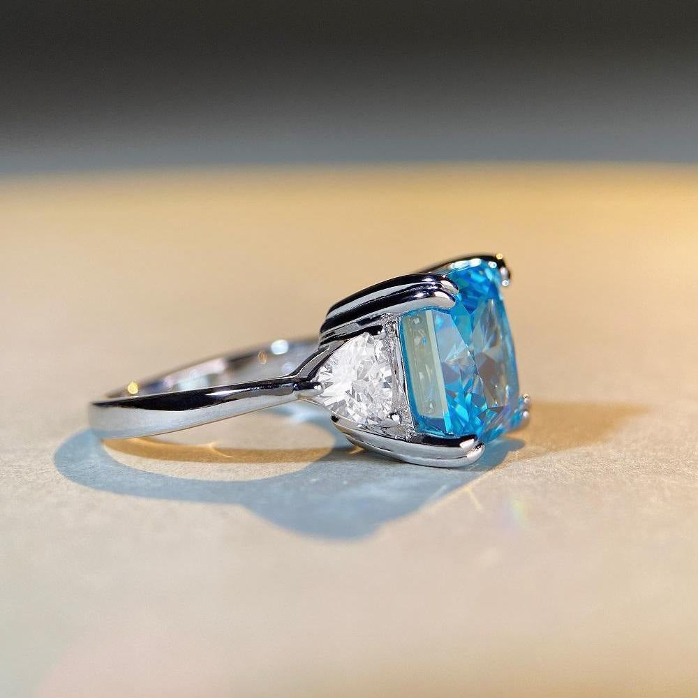 Women's 5ct S925 Silver Aquamarine Ring | Cushion-Cut High Carbon Diamond Zircon | Luxury Colored Gemstone
