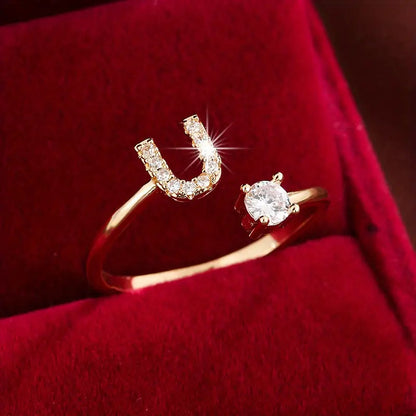 26 Letter Micro-Pave Zircon Ring for Women - 14K Gold Plated Copper Open Plain Band