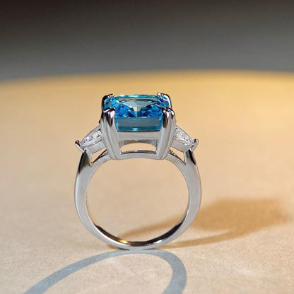 Women's 5ct S925 Silver Aquamarine Ring | Cushion-Cut High Carbon Diamond Zircon | Luxury Colored Gemstone