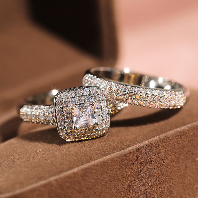 Ricady Jewel – Minimalist Square Cut Cubic Zirconia Engagement Ring Set for Women & Men, Fully Paved with Sparkling Stones