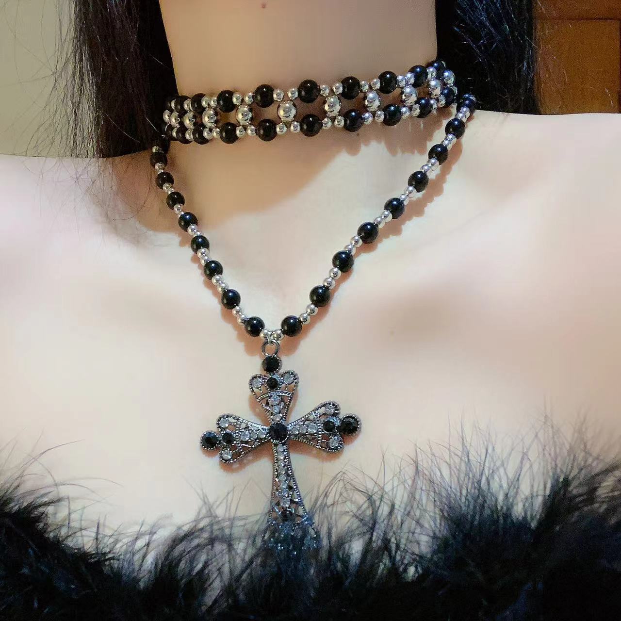 Layered Beaded Cross Choker Necklace - Sweet & Cool Style