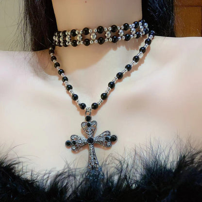Layered Beaded Cross Choker Necklace - Sweet & Cool Style